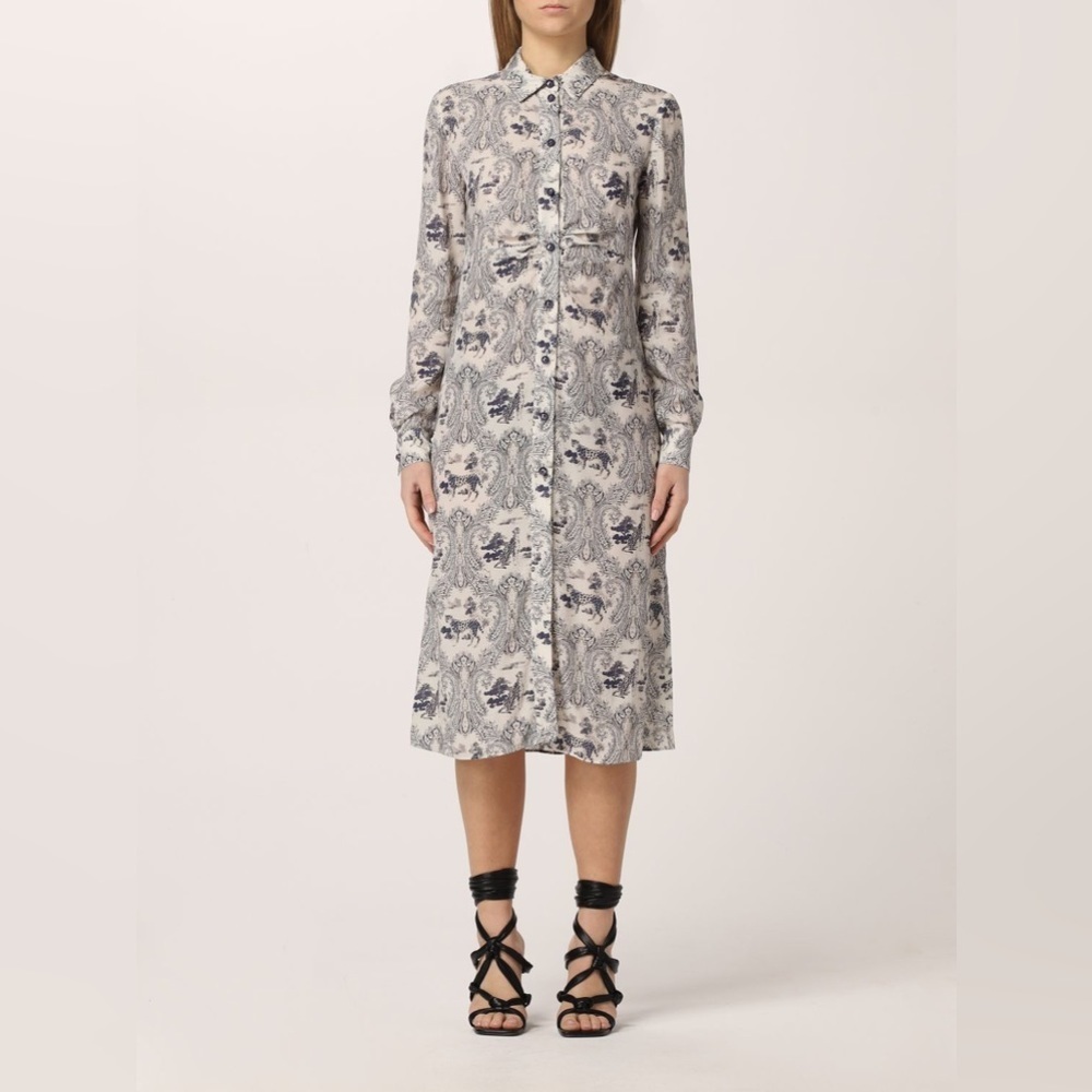 PINKO White Blue Panther Print Long Sleeve Midi Dress - Picture 7 of 16